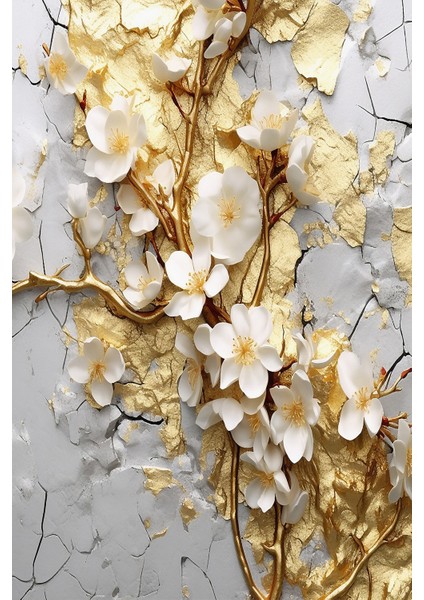 3D Altın Dallı ve Beyaz Çiçekli Çatlak Taş Efektli Tekstil Duvar Kağıdı modelleri