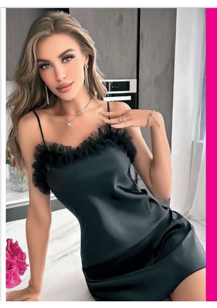 Siyah Saten Askılı Mini Elbise – Fırfır Detaylı Şık ve Zarif Kadın Elbise fiyatları