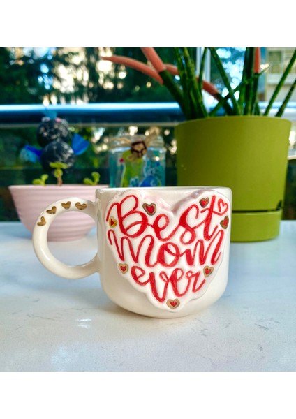 El Yapımı Seramik Gerçek 24K Altın Dekorlu Best Mom Kupa