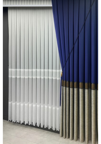 Pano Fon Perde Ekose Şeritli Lacivert Gri 1 / 3 Sık Pileli (Tek Kanat) Fon, Perde, Tül, fiyatları