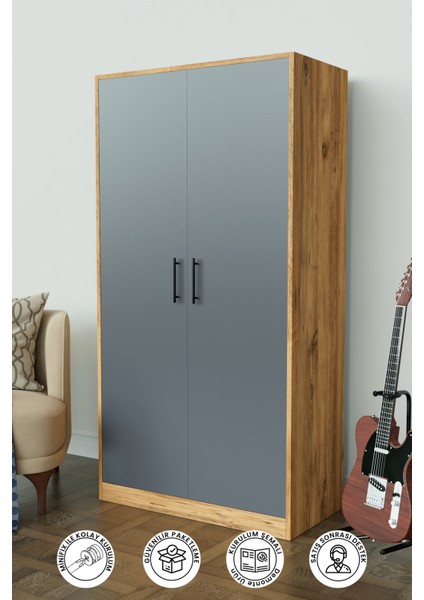 Calista Gardırop 5 Raflı 2 Kapaklı Askılı Elbise Dolabı (Ahşap-Antrasit)