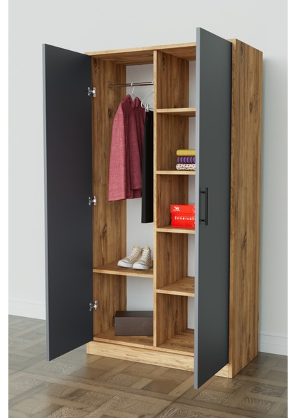 Calista Gardırop 5 Raflı 2 Kapaklı Askılı Elbise Dolabı (Ahşap-Antrasit) modelleri