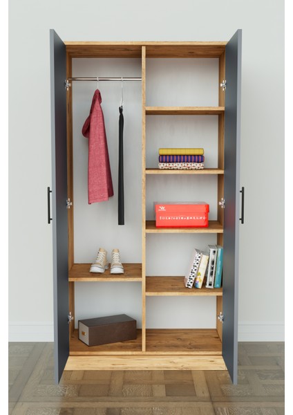 Calista Gardırop 5 Raflı 2 Kapaklı Askılı Elbise Dolabı (Ahşap-Antrasit) fırsatları