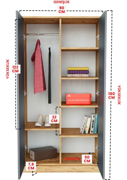 Calista Gardırop 5 Raflı 2 Kapaklı Askılı Elbise Dolabı (Ahşap-Antrasit) indirimleri