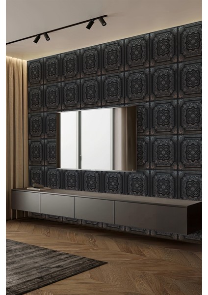 Antik Siyah Gümüş Kare Motifli Tekstil Duvar Kağıdı