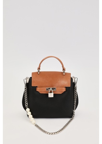 Siyah-Camel Inci Askı Detaylı El Çantası