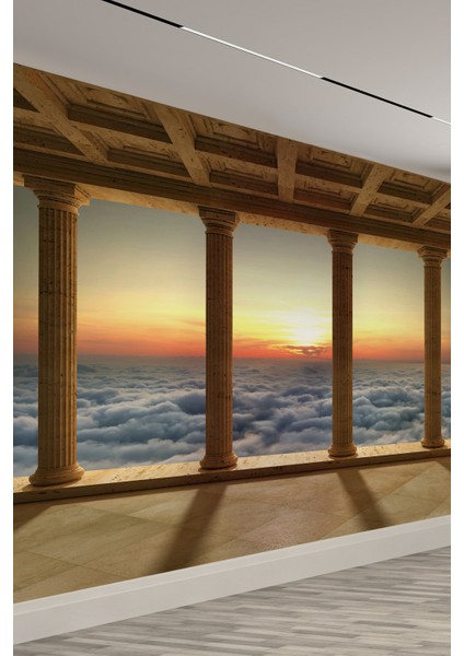 3D Antik Sütunlu Teras ve Gün Batımı Manzaralı Tek Parça Duvar Kağıdı