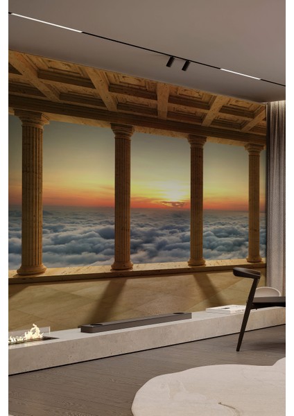 3D Antik Sütunlu Teras ve Gün Batımı Manzaralı Tek Parça Duvar Kağıdı fiyatları