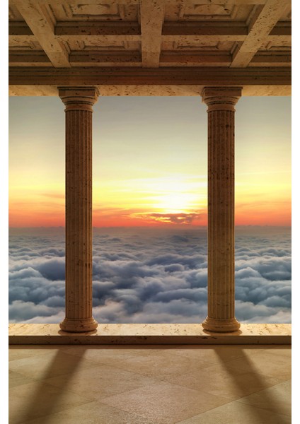 3D Antik Sütunlu Teras ve Gün Batımı Manzaralı Tek Parça Duvar Kağıdı modelleri