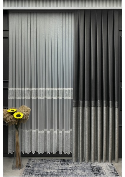Pano Fon Perde Ekose Şeritli Antrasit Gri 1 / 3 Sık Pileli (Tek Kanat) Fon, Perde, Tül,
