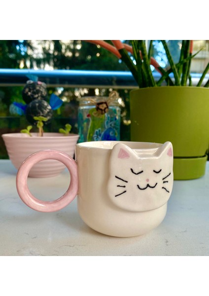 El Yapımı Seramik Pembe Kedili Kupa