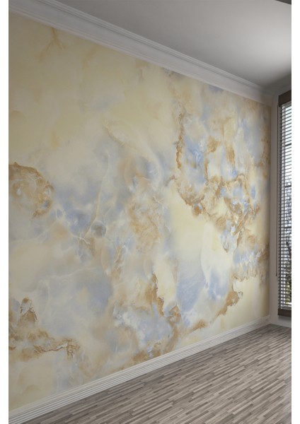 Golden Marble Elegance Pastel Sarı Mavi Tek Parça Duvar Kağıdı
