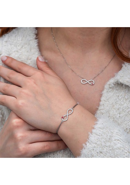 Gümüş Sonsuzluk Kırmızı Kalpli Kadın Set