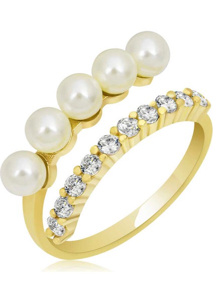 Gümüş Gold Ayarlanabilir Inci Taşlı Kadın Yüzük