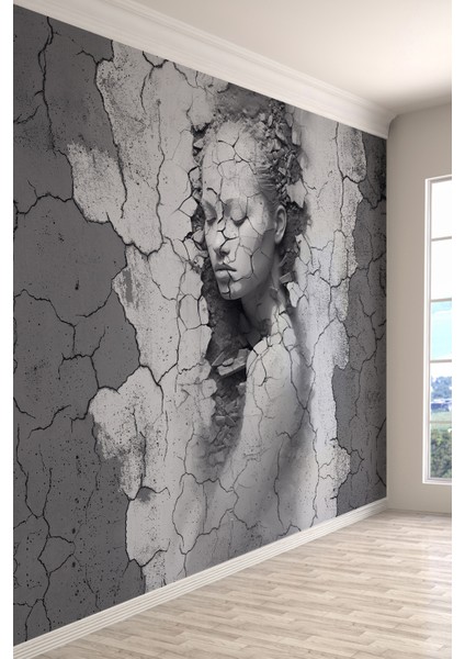 Toprağın Sessizliği Çatlaklardan Doğan Heykel Yüz Gri Antrasit Tek Parça Duvar Kağıdı