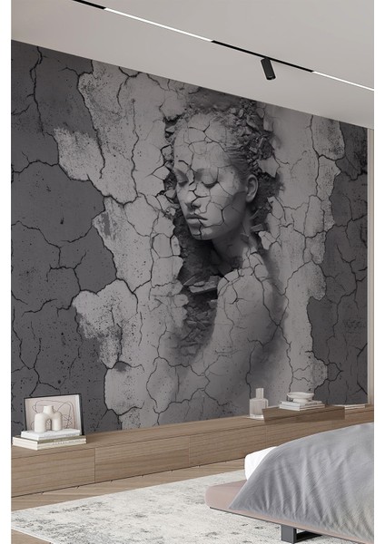 Toprağın Sessizliği Çatlaklardan Doğan Heykel Yüz Gri Antrasit Tek Parça Duvar Kağıdı fiyatları