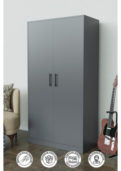 Calista Gardırop 5 Raflı 2 Kapaklı Askılı Elbise Dolabı (Antrasit)