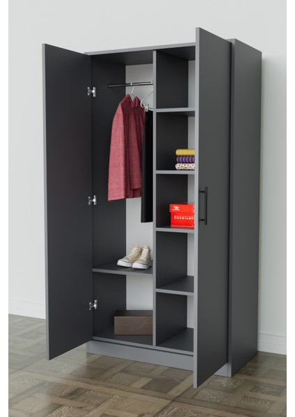 Calista Gardırop 5 Raflı 2 Kapaklı Askılı Elbise Dolabı (Antrasit) modelleri
