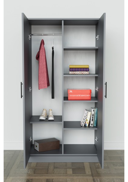 Calista Gardırop 5 Raflı 2 Kapaklı Askılı Elbise Dolabı (Antrasit) fırsatları