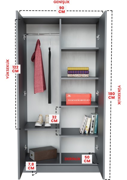 Calista Gardırop 5 Raflı 2 Kapaklı Askılı Elbise Dolabı (Antrasit) indirimleri