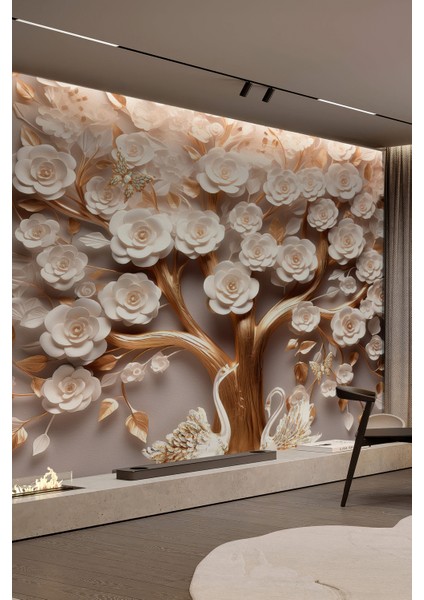 3D Çiçek Ağacı ve Kuğu Desenli Tekstil Duvar Kağıdı