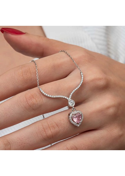 Gümüş Pembe Zirkon Taşlı Kalp Kadın Kolye indirimleri