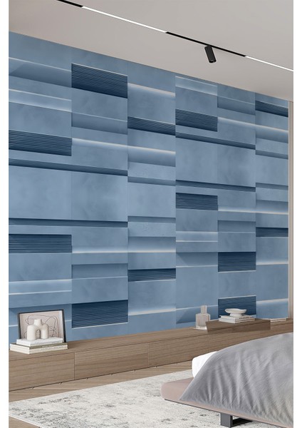 3D Işık Efektli Mavi Desenli Tekstil Duvar Kağıdı