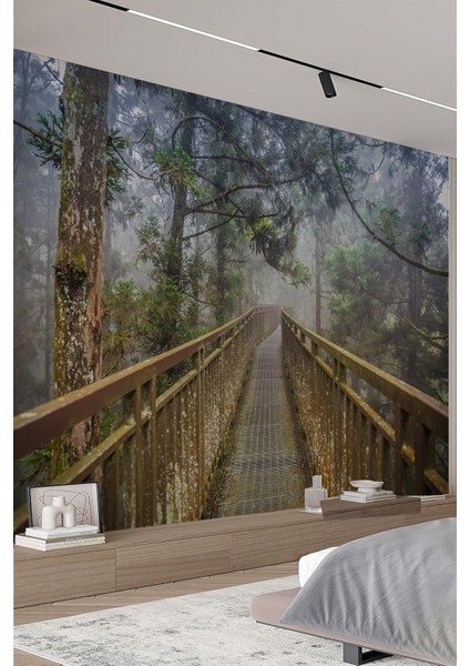 Ahşap Köprü ve Sisli Ağaçlar Manzaralı Duvar Kağıdı fiyatları