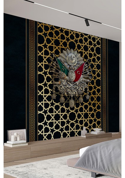 Osmanlı Padişahları Portreli Kündekari Zeminli Tek Parça Tekstil Duvar Kağıdı