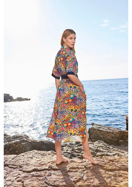 Monamise Çiçek Desenli Yırtmaçlı Önü Düğmeli Gömlek Yaka Elbise fiyatları