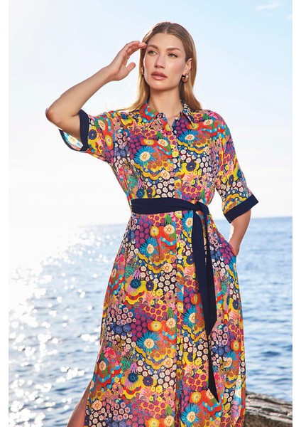 Monamise Çiçek Desenli Yırtmaçlı Önü Düğmeli Gömlek Yaka Elbise indirimleri