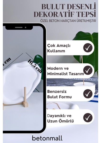 Bulut Desenli Beton Tabak | Minimal Takı ve Anahtar Tabağı | Dekoratif Sunum Tepsisi 24 cm