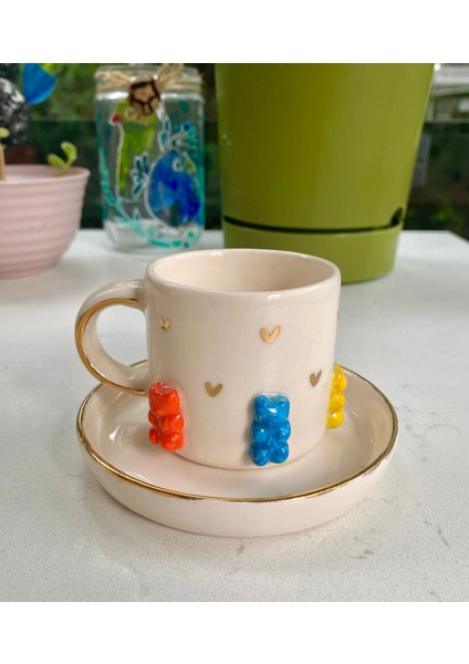 El Yapımı Seramik Gerçek 24K Altın Dekorlu Jelibon Türk Kahvesi Fincanı