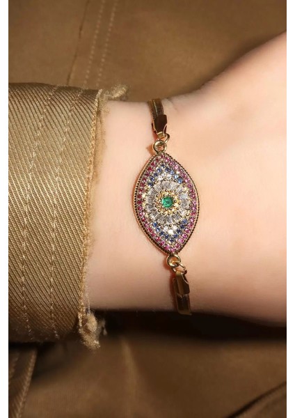 Altın Renk Göz Figürlü Taş Detaylı Çelik Bileklik