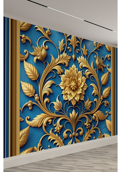 Mavi Altın Çiçek Motifli Klasik Tekstil Duvar Kağıdı