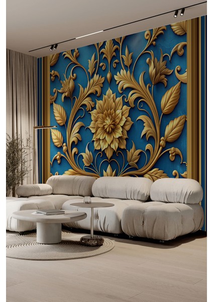 Mavi Altın Çiçek Motifli Klasik Tekstil Duvar Kağıdı fiyatları