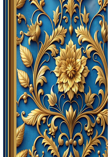 Mavi Altın Çiçek Motifli Klasik Tekstil Duvar Kağıdı modelleri