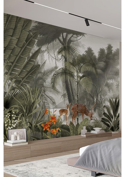 Geyik ve Orman Desenli Tekstil Duvar Kağıdı