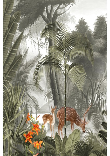 Geyik ve Orman Desenli Tekstil Duvar Kağıdı modelleri