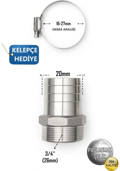 Paslanmaz Hortum Rekoru | Rekor + Kelepçe Set | Krom Çelik Hortum Ucu | 304 Kalite