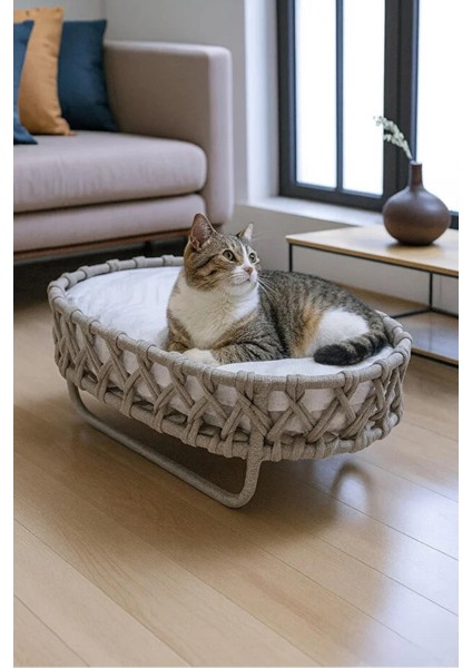 El Örgüsü Kedi Evi Yumuşak Kedi Yataklı Kedi Yuvası Gri