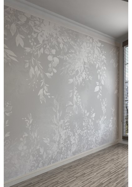 Gri Beyaz Sarmaşık Yaprak Desenli Tekstil Duvar Kağıdı