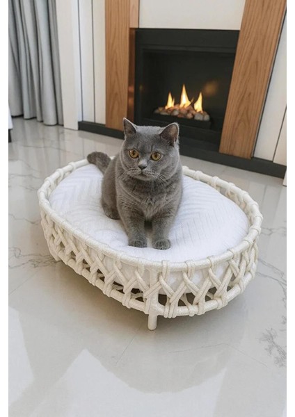 El Örgüsü Iskandinav Kedi Yuvası, Yumuşak Minderli Kedi Evi Bej