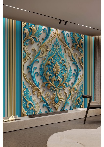 Reamwall 3D Mavi Gold Çiçek Motifli Klasik Tekstil Duvar Kağıdı fiyatları