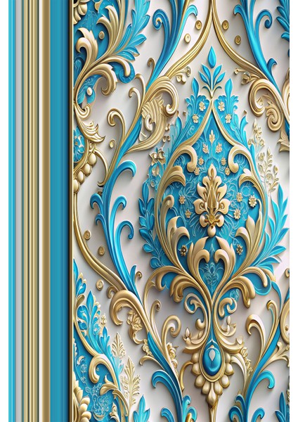 Reamwall 3D Mavi Gold Çiçek Motifli Klasik Tekstil Duvar Kağıdı modelleri