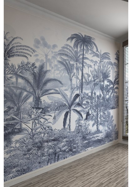 Siyah Beyaz Tropikal Orman Desenli Tekstil Duvar Kağıdı