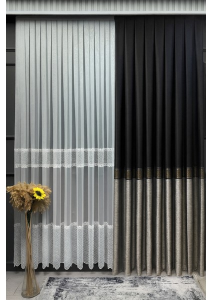 Pano Fon Perde Ekose Şeritli Siyah 1 / 3 Sık Pileli (Tek Kanat) Fon, Perde, Tül,