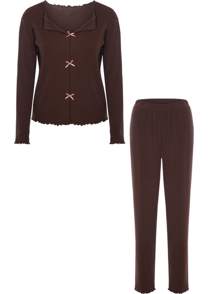 Kadın Pamuklu Çıtır Çiçek Desenli Baby Overloklu Fiyonk Detaylı Uzun Kollu Pijama Takımı