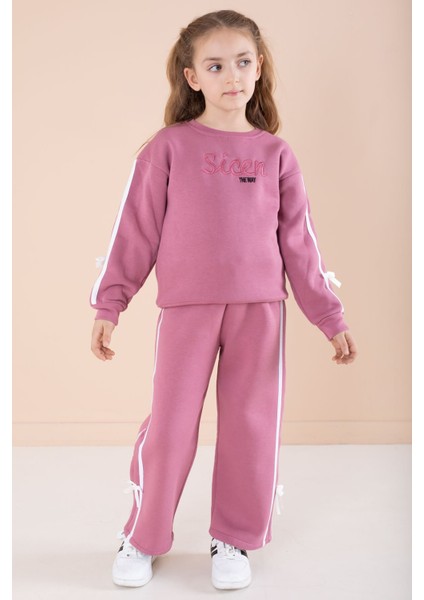 Gül Kurusu Yazı Nakışlı Şerit Detaylı Şardonlu Kız Çocuk Eşofman Takımı 23240