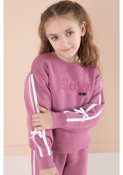 Gül Kurusu Yazı Nakışlı Şerit Detaylı Şardonlu Kız Çocuk Eşofman Takımı 23240 fiyatları